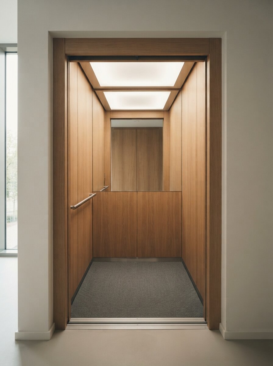 Aufzugskabine mit Holzinnenverkleidung und Spiegelrückwand